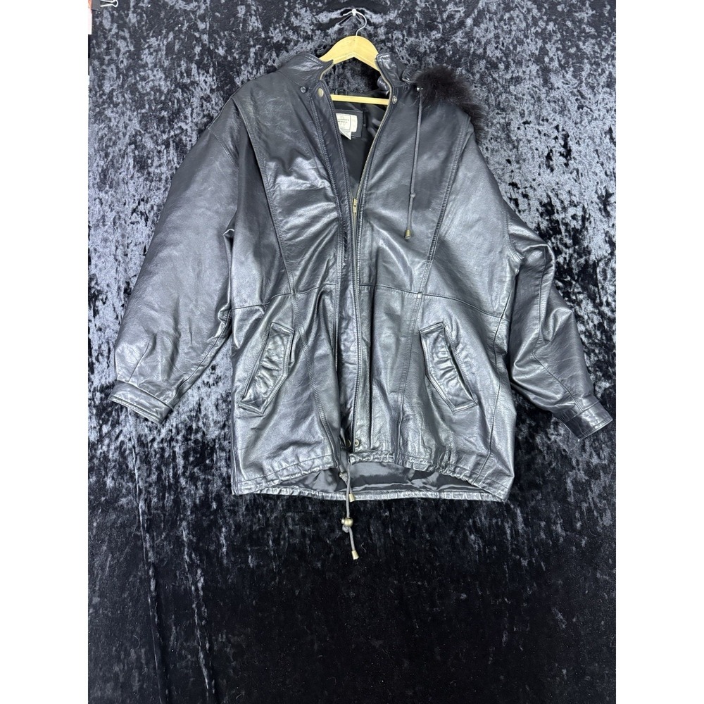 Vintage Boundary Waters Genuine Leather Fox Hood Trim Jacket Womens XL‎ Black
